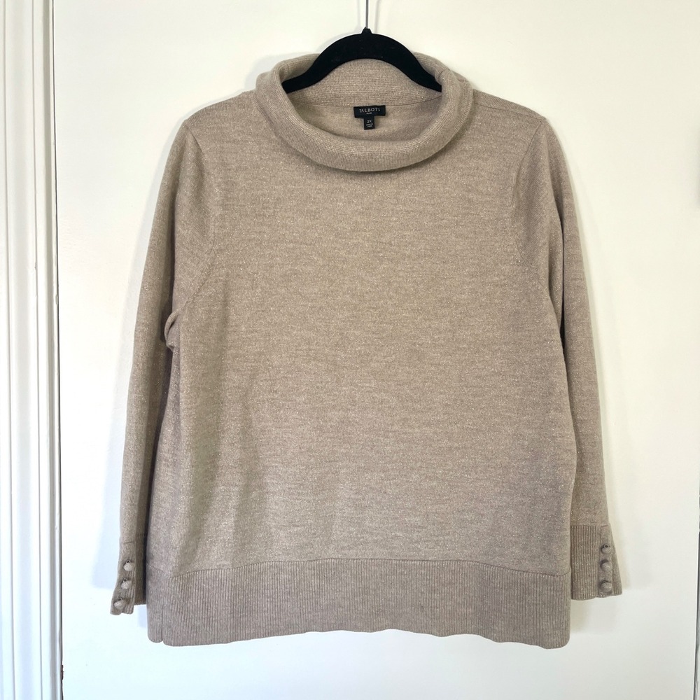 Talbots Plus Womens Sweater Merino Cowl
Neck‎ Button Cuff Metallic Knit Beige 2X - Picture 2 of 10